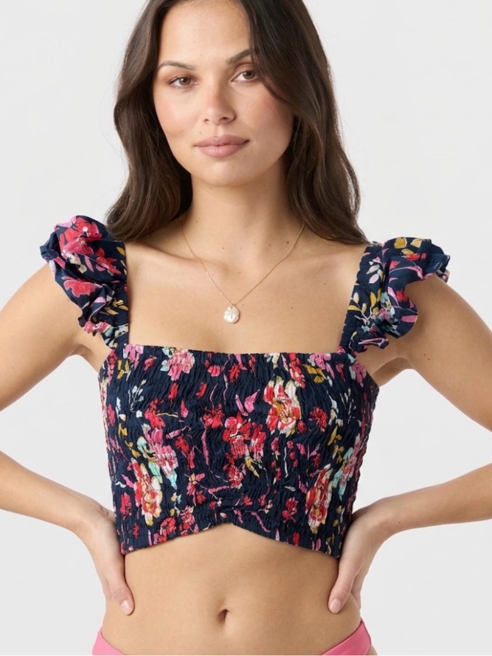 Tiare Hawaii Navy Floral Smocked Crop Top with shoulder Straps - OS NEW no tag